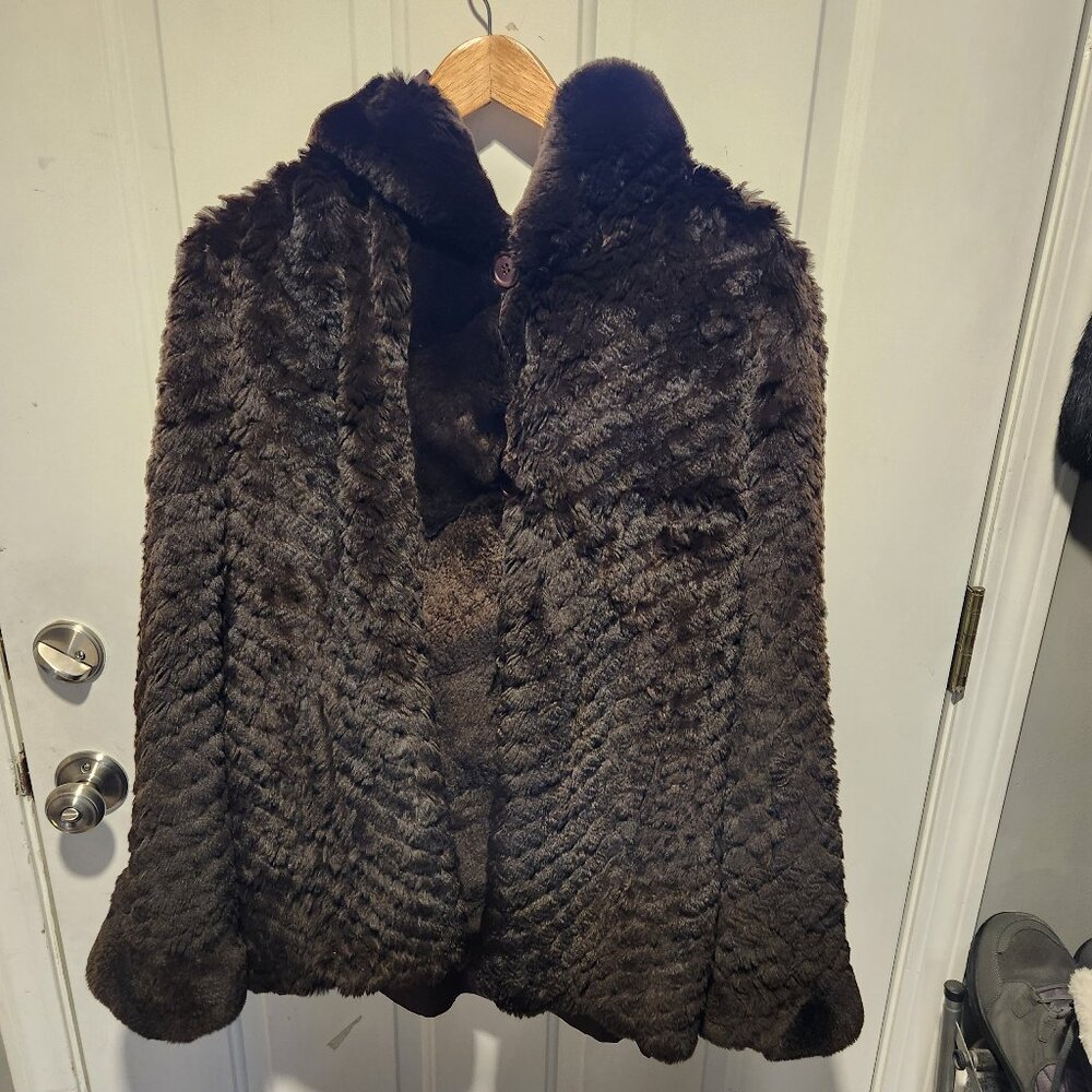 Womens Reversible Hooded Large Knitted Rex Rabbit Fur Jacket Raincoat Reversible
